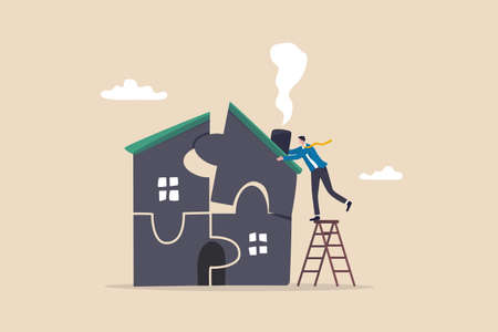 Plan to buying new house or renovation, mortgage loan or housing expense, property maintenance or real estate insurance concept, smart businessman put jigsaw to complete or finishing house puzzle.のイラスト素材