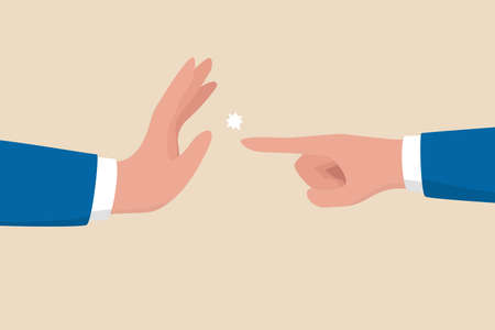 Management skill to stop or compromise disagreement conflict, business war, fight, dispute, argument or negotiation concept, businessman hand one pointing at other and another one with stop gesture.のイラスト素材