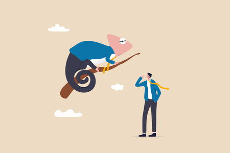 Business adaptability, change or evolve in uncertainty to survive and success, resilience or flexibility concept, businessman looking at chameleon reptile that evolved or transform into business suit.のイラスト素材
