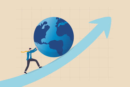 Pushing world economic forward, international investment growth or company success in world business competition concept, businessman leader push the world up rising up  graph with full effort.のイラスト素材