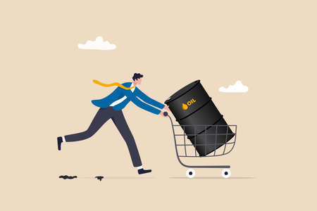 Crude oil investment, buy oil stock to make profit, fuel, power or energy company concept, businessman investor buying crude oil gallon in shopping cart trolley.のイラスト素材