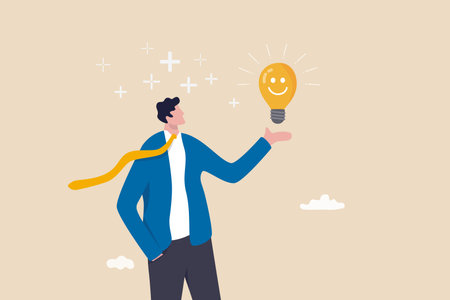 Positive thinking, optimistic mindset or good attitude to success in work, always get idea to solve any problems concept, happy businessman holding smiling lightbulb idea with positive vibes around.のイラスト素材