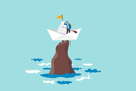 Life or business stuck, struggle with problem or obstacle, error, mistake or failure cause hopeless situation, business difficulty concept, hopeless businessman stuck on shipwrecked on high rock cliffのイラスト素材