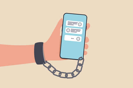 Nomophobia or no mobile phone phobia, smartphone and social media addicted or fear of missing out concept, young people with handcuff chained with mobile phone with chat and social media applications.のイラスト素材