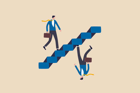 Business paradox, growth, improvement or different perspective or other side, fake or real, possible and impossible concept, ambitious businessman walk up stair while in paradox he walking down.のイラスト素材