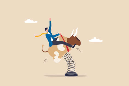 Success investor riding bull market, control risk and balance to success in stock market, challenge or uncertainty concept, confidence businessman investor riding and balance himself on rodeo bull.のイラスト素材