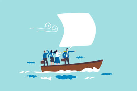 Leadership to lead team and guide direction, motivation and inspiration to drive company to achieve success concept, confidence businessman manager leader with speech bubble to sail the ship forward.のイラスト素材