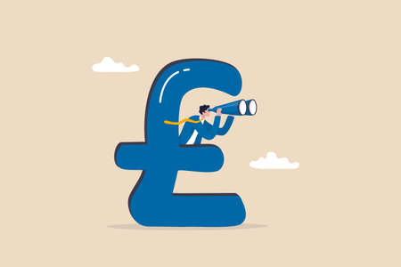 UK, United Kingdom economy forecast, financial or business visionary, England investment profit opportunity concept, businessman hiding behind large UK currency pound using binoculars to see future.のイラスト素材