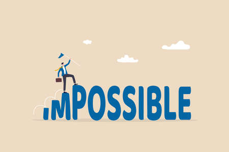 Make impossible success possible, optimistic or creativity to help achieve business goal, challenge to solve hard problem concept, confidence businessman step up on the word IM to achieve possible.のイラスト素材
