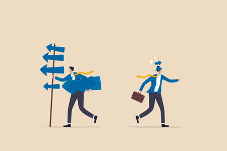 Simple idea for business success, simplify complicated directions to be easy success way, effective thinking concept, smart businessman walk with simple arrow while other with too many arrow ways.のイラスト素材