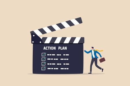 Action plan with checklist step by step of business implementation, procedure or strategy plan to finish project concept, businessman manager with director clapboard or slate listing action plan stepsのイラスト素材