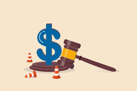 Workers compensation, insurance providing wages replacement, employee injured benefit, legal or law to compensate payment concept, justice gavel with dollar money symbol and accident pylons.のイラスト素材