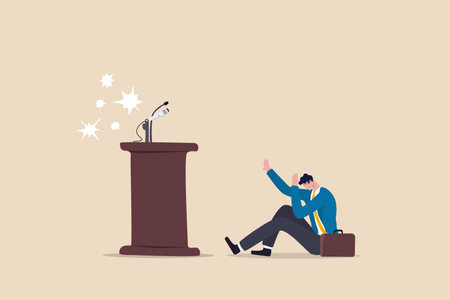 Fear of public speaking, nervous or stress to talk on stage, podium phobia, shy and frightening to give speech to people, fearful nervous businessman sitting hidden behind public speaking podium.のイラスト素材