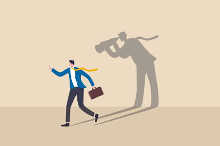 Internet stalker, espionage, online advertising tracking and follow users, spyware, safety, security and privacy issue concept, businessman walking with shadow using spyglass binocular stalking him.のイラスト素材