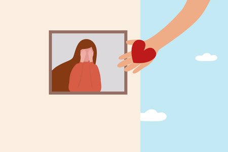 Empathy and compassion bring positive emotion from people suffer depression, calm anxiety and stress, and improve mental health and grief, hand offer heart or help to sad and unhappy woman at window.のイラスト素材