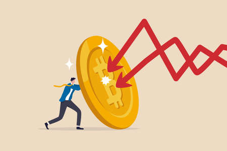 Bitcoin as safe haven of crypto and stock market crash, shield or guard in financial crisis or bubble burst, protect from losing wealth concept, businessman investor hidden behind bitcoin shield.のイラスト素材