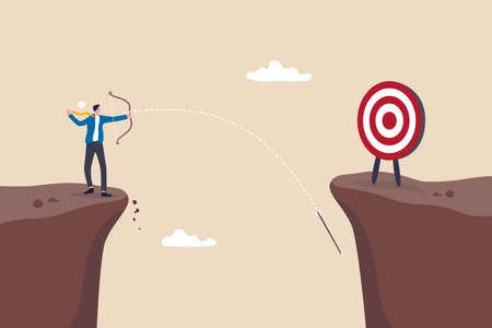 Terribly missed target, failure or mistake, fail to achieve goal, big error or wasted effort concept, overconfidence businessman archery terribly missed target.のイラスト素材