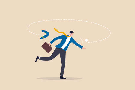 Karma boomerang, sin or consequence of evil action return to himself, disaster and responsibility concept, businessman throw boomerang and it return to hurt himself.のイラスト素材