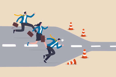 Bottleneck make business run slow, struggle workflow or busy point make project delay, traffic jam or trouble flow concept, business people run on wide road to reach narrow slow bottleneck.のイラスト素材