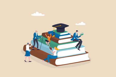 Lifelong learning, self study to motivate and improve skill development, continue learn new knowledge for life long concept, people in different age reading new books and study online on book stacked.のイラスト素材