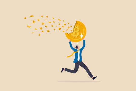 Bitcoin price falling down make investor or trader losing money, crypto value dissolve into dust particle concept, frustrated investor trader running away with his dissolving, crash into dust Bitcoin.のイラスト素材