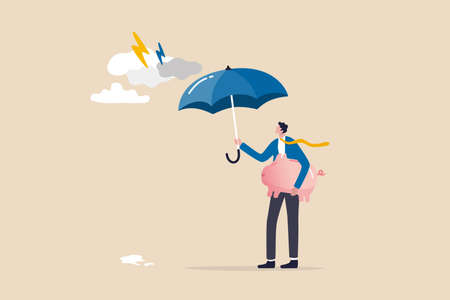 Wealth protection, insurance or financial security to survive in market downturn, protect retirement pension fund or safety guard concept, businessman holding strong umbrella to protect piggybank.のイラスト素材