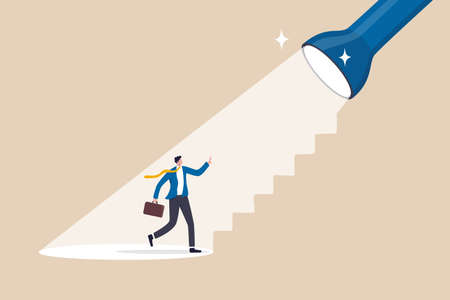 Spotlight to guide career success, recruitment or HR finding candidate or talent, opportunity or career growth, ladder of success concept, businessman walk up flashlight with staircase light beam.のイラスト素材
