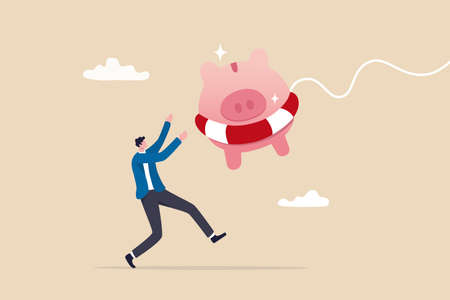 Emergency fund or money to help in crisis situation, savings for unexpected expense or losing job, emergency loan concept, happy businessman catching piggybank with lifebuoy as life support in crisis.のイラスト素材