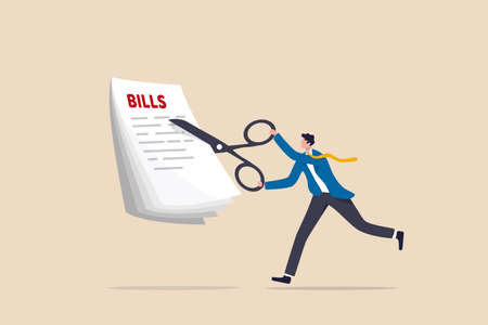 Cut bills to reduce cost and expense, tax or payment deduction, limit spending or control cash flow concept, businessman using big scissors to cut pile of bills and expense.のイラスト素材