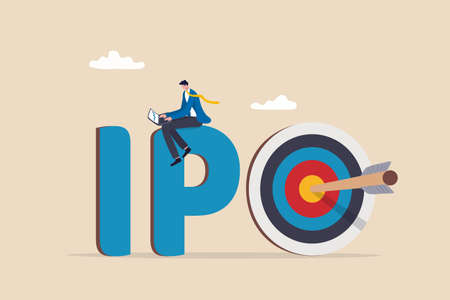 IPO, initial public offering, company go public in stock market, investment opportunity or make profit from new stock concept, businessman trader trading stock on alphabets IPO with bullseye target.のイラスト素材
