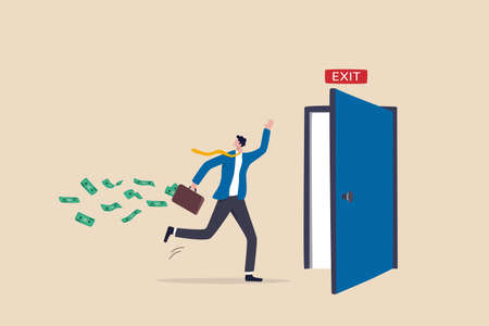 Escape or run away before market drop, best market timing to get away with profit, exit with money to avoid financial crisis concept, businessman investor run away with his profit money to exit door.のイラスト素材