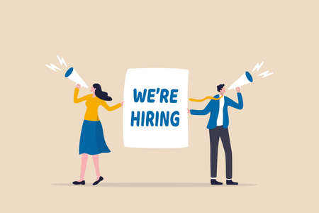 HR recruiting announcement we are hiring advertisement, human resources or employer looking for candidate for job vacancy concept, business people HR with megaphone holding we are hiring sign.のイラスト素材