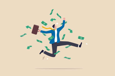 Success businessman achieve financial freedom, happy millionaire with plenty of money and wealth, income or salary increase or career opportunity concept, happy businessman jump high with money rain.のイラスト素材