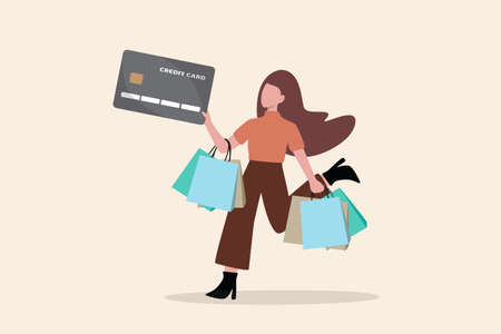 Consumerism, overspending or shopaholic causing credit card debt and poverty, shopping addiction spend more than your income, happy young woman holding shopping bags with credit card payment checkout.のイラスト素材