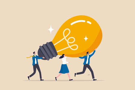Innovation idea to drive team success, business innovative solution, community or invention help company achieve goal concept, business people teamwork help carry big smart lightbulb innovation idea.のイラスト素材