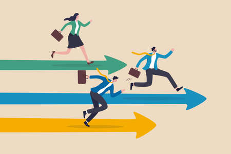 Business competition, contest or rivalry against competitors to increase sales for victory, performance compare to other employees concept, businessman and woman compete running on arrow racetrack.のイラスト素材