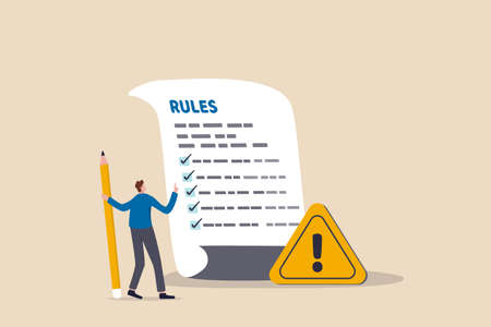 Rules and regulations, policy and guideline for employee to follow, legal term, corporate compliance or laws, standard procedure concept, businessman finish writing rules and regulations document.のイラスト素材