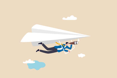 Career opportunity, investment or business vision, future forecast or discover new idea and inspiration concept, businessman flying paper airplane origami as glider with binoculars to see opportunity.のイラスト素材