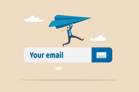 Email subscription to send newsletter for promotion and product update, online communication and marketing concept, businessman launching origami paper airplane on email subscribe form on website.のイラスト素材