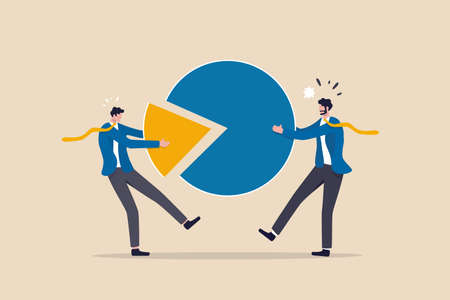 Market share percentage of industry sale, business competitor fight or battle to gain more sale concept, businessman fighting for more market share pie chart.のイラスト素材
