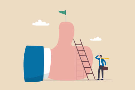 Success journey to get positive feedback, high performance evaluation or review, good job, employee or customer satisfaction concept, businessman about to climb up ladder to reach thumb up achievementのイラスト素材