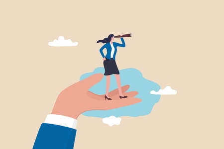 Business visionary, looking for career opportunity, female or woman leadership, business direction or discovery concept, confidence businesswoman with telescope on giant hand empower her to see futureのイラスト素材