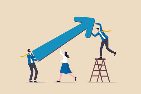 Business improvement or development plan to grow profit, team and community to help improve process for success concept, businessman and woman coworker or team help move arrow upward for growth.のイラスト素材
