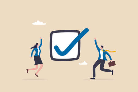 Complete task, accomplishment or project done checklist, success or achievement checkbox, job done...