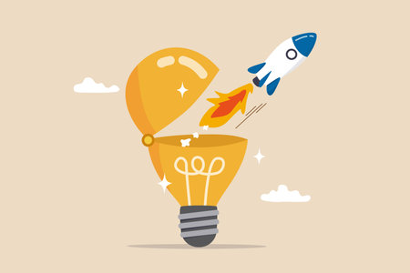 Innovation to launch new idea, entrepreneurship or startup, creativity to begin business or breakthrough idea concept, innovative rocket launch flying high from opening bright lightbulb idea.のイラスト素材