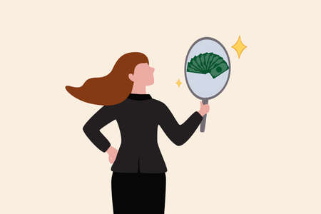 Self worth or self esteem, confident or attitude to see value in yourself, motivation or positive thinking concept, confidence businesswoman look at her reflection in the mirror to see money banknotesのイラスト素材