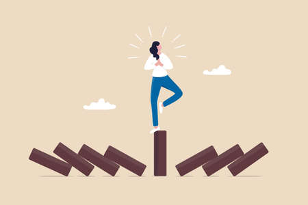Mindfulness meditation relax to reduce stress and eliminate distraction, calm to build energy or spiritual wellness concept, success woman relax and meditating with yoga pose on standing domino.のイラスト素材