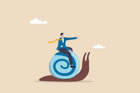Slow growth, inefficient or stupid mistake, businessman idiot leader riding slow snail never reach goal, losing business competition.のイラスト素材
