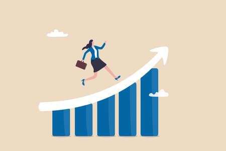 Work improvement, career growth or performance to achieve success, progress or challenge concept, businesswoman running up rising arrow on performance improvement bar graph.のイラスト素材
