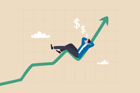 Success investment earn more profit or easy growing return mutual fund, make money from cryptocurrency trading or dream about being rich concept, businessman investor relax and sleep on growing graph.のイラスト素材